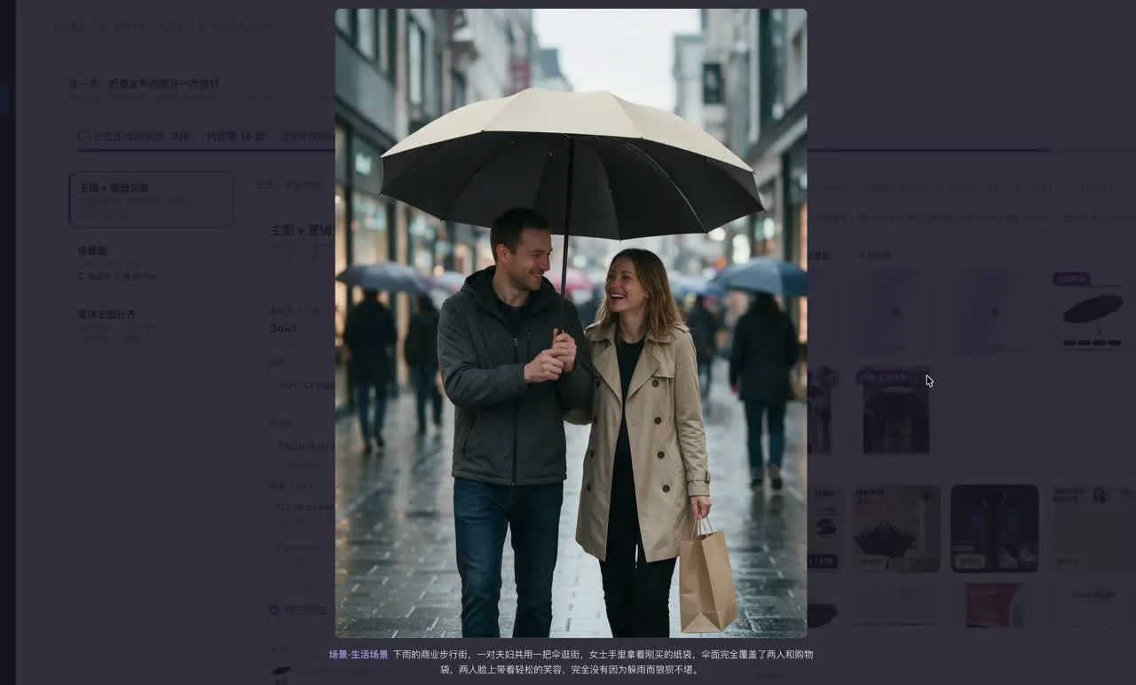 场景图：雨中人物撑伞的写实生活风格